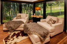 aspen-interior-design - Cozy sitting area with a fur throw and custom burl wood table designed by Runa Novak of In Your Space Interior Design - InYourSpaceHome.com and RunaNovak.com