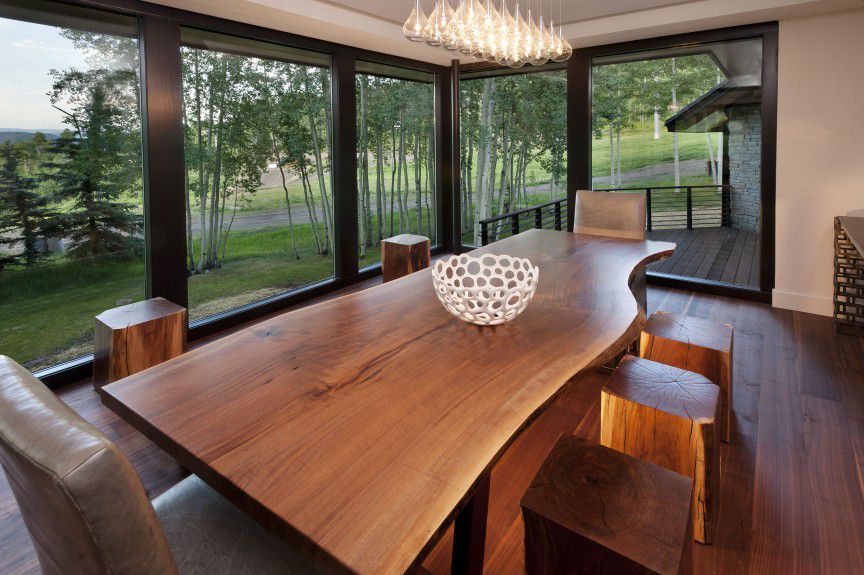 hudson-furniture - An Exquisite custom black walnut dining room table with matching stools and a bench designed by Runa Novak of In Your Space Interior Design - InYourSpaceHome.com and RunaNovak.com