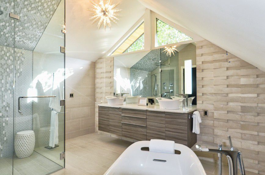 aspen-interior-design - A modern custom floating double vanity in reclaimed wood with lighted vanity mirror in a master bathroom designed by Runa Novak of In Your Space Interior Design - InYourSpaceHome.com and RunaNovak.com